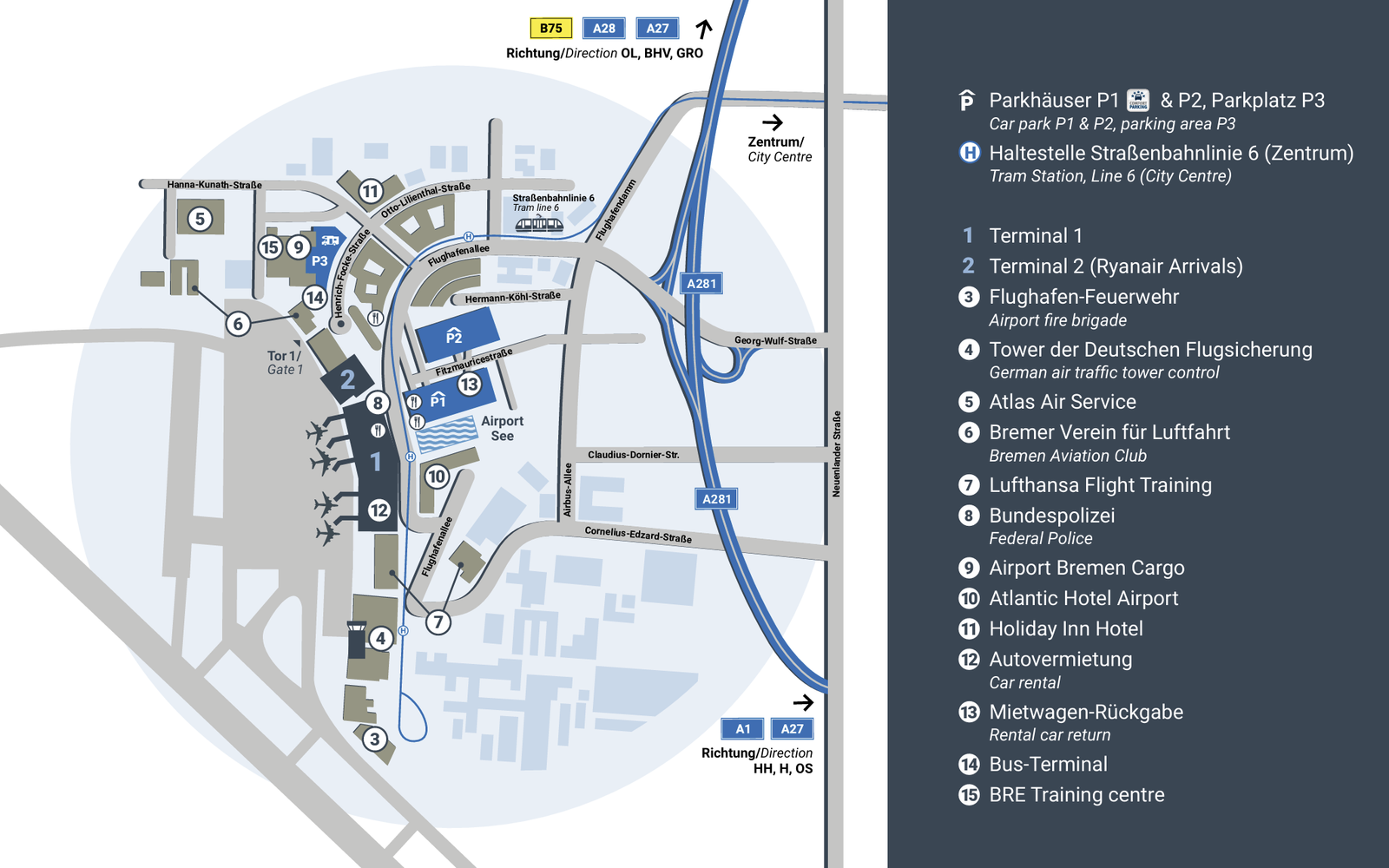 Plattegrond vliegveld Bremen (BRE) – Parkeerplaatsen en terminal